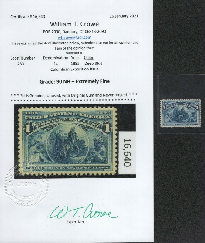 #230 Mint - 90 NH XF with Crowe Cert (Option Add $14 for 1 Day Express