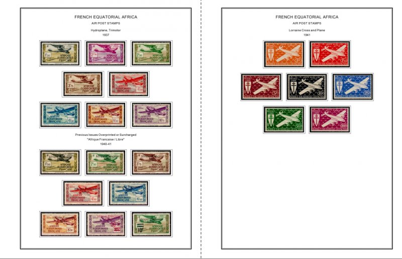 COLOR PRINTED FRENCH EQT. AFRICA 1936-1958 STAMP ALBUM PAGES (30 illustr. pages)