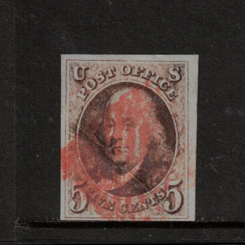 USA #1 Extra Fine Used With Red Grid Cancel & Scarce Pre Print Paper Fold