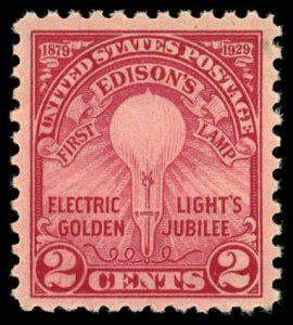 US Sc 654 MNH - 1929 2¢ - Edison's First Lamp - Flate Press, Perf 11