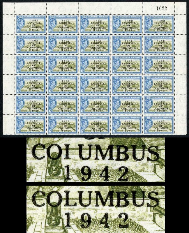 Bahamas SG169a 1942 Landfall 6d R5/2 COIUMBUS variety U/M