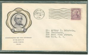 US 725 1932 3c Daniel Webster/150th anniversary of birth/single on an addressed first day cover with a Franklin, NH machine canc