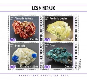 Togo - 2021 Minerals, Beryl, Cavansite - 4 Stamp Sheet - TG210101a