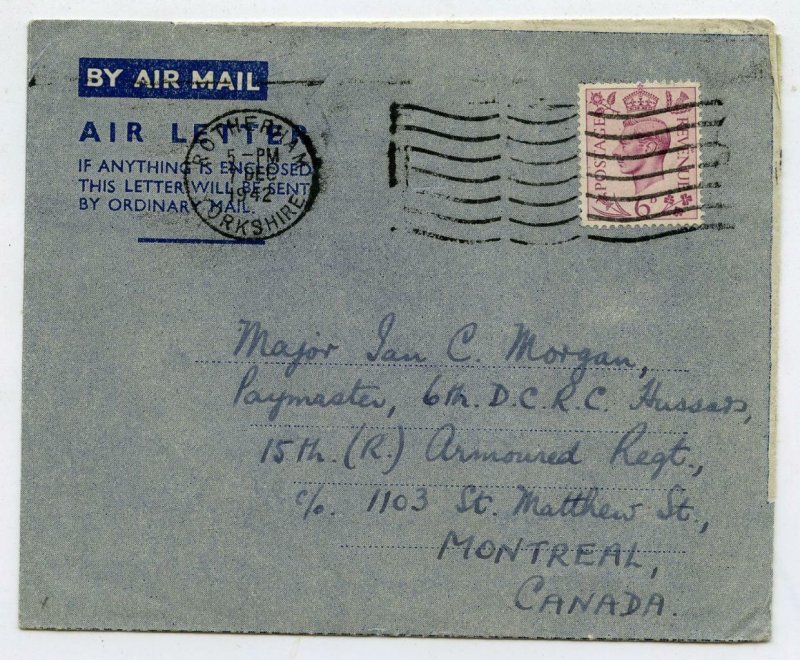 Air Letter Sheet 7 Dec 1942 First Day of Issue. Rotherham - Montreal Canada.