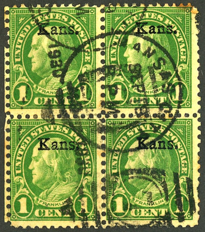 U.S. #658 USED BLOCK OF 4 WITH APS CERT SHIFTED OVERPRINT