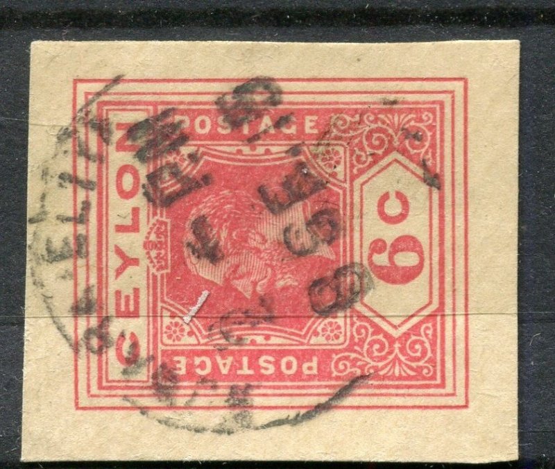 CEYLON; 1890s classic QV Postal Stationary Piece used 6c. item