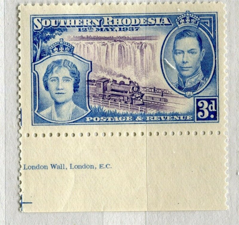 RHODESIA; 1937 early GVI Coronation issue Mint Inscription Marginal 3d. value