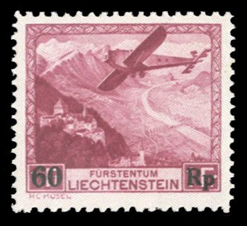 Liechtenstein #C14 Cat$40, 1935 60rp on 1fr lake, lightly hinged