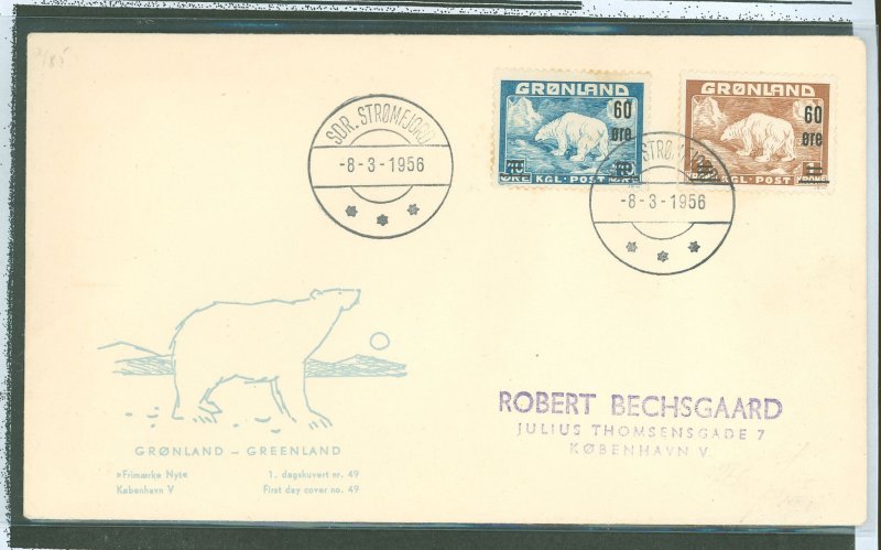 Greenland 39-40 1958 polar bear surcharges, set of 2 on an addressed first day cover with a polar bear cachet