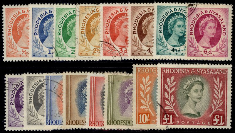 RHODESIA & NYASALAND QEII SG1-15, 1954-56 complete set, FINE USED. Cat £55.