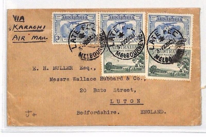 BH107 1931 AUSTRALIA Melbourne GB Luton Airmail via KARACHI Late Fee