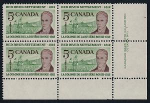 Canada 397 BR Plate Block MNH Lord Selkirk, Red River Settlement