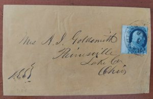 1857, 1¢ (#19b pos 91R4) margin single tied on wrapper SAN FRAN to OHIO, PF cert