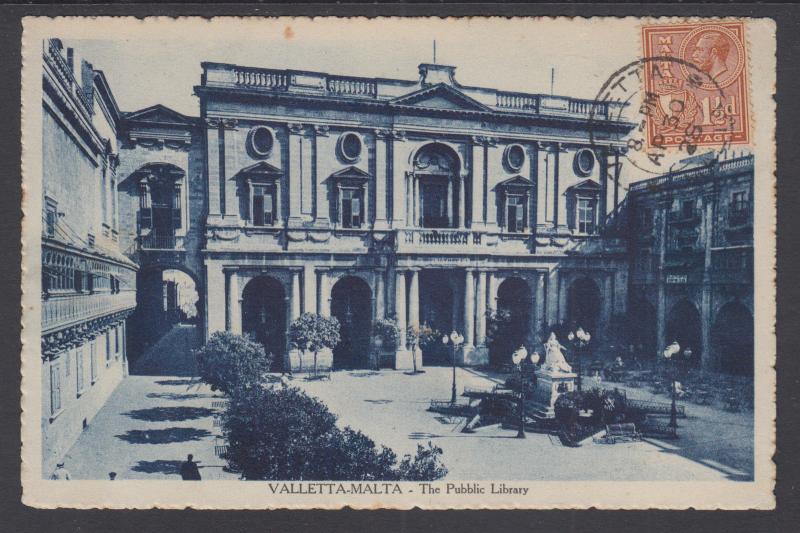 Malta Sc 134 on 1928 PPC to France, The Public Library in Valletta