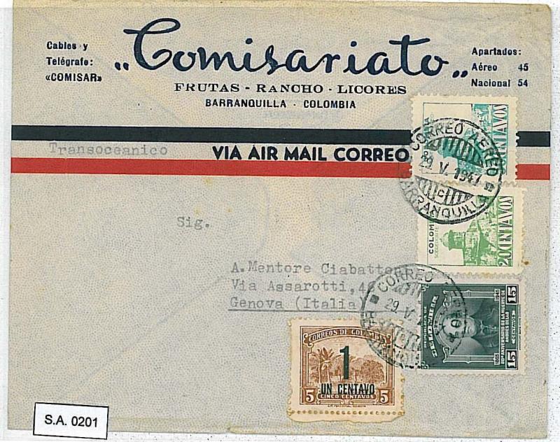 POSTAL HISTORY : COLOMBIA - OVERPRINTED Stamps on AIRMAIL COVER to ITALY 1947