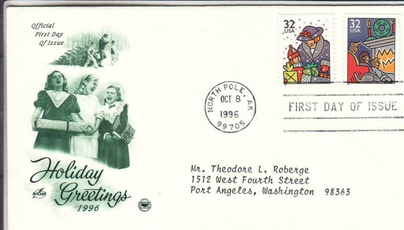 1996, Christmas-Exchanging Gifts, Hearth & Home, Artcraft/PCS, FDC (D15554)