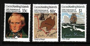 Cocos (Keeling) Is.-Sc#152-4-unused NH set-Darwin's Visit-Ships-Maps-1986-