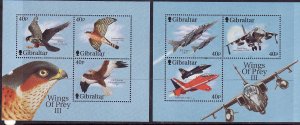 Gibraltar-Sc#889c,d-unused NH sheets-Birds-Fighter Planes-2001-