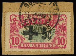 French Colonies, Reunion #B1 Cat$120, 1915 10c+5c, used on piece