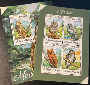 STO. 2013 TOME & PRINCE.  Owls. 2 block sheets (1 HB 1v + 1 HB 4v). NHM-