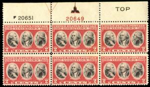 US # 703 2c Yorktown, VF never hinged, Plate Block of 6, Top, terrific color