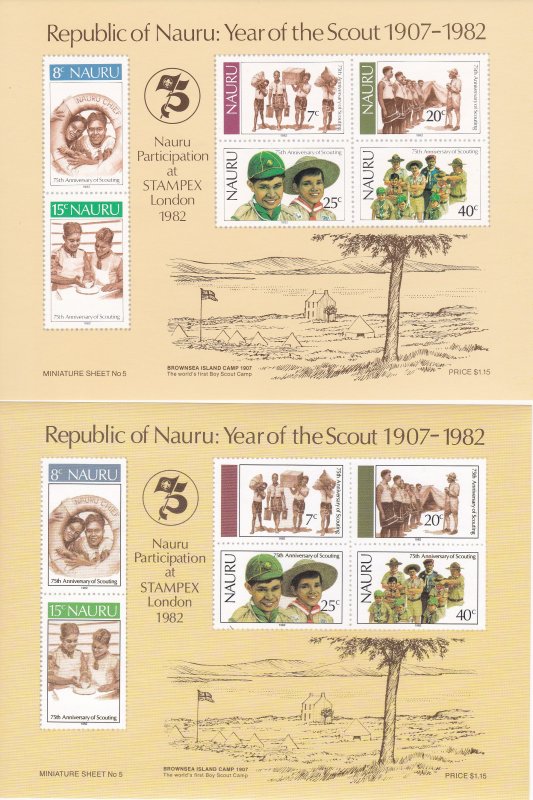 Nauru # 249a, Year of the Scout, Genuine & Counterfeit Sheets, NH, 1/2 Cat.