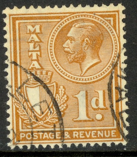 MALTA 1930 KGV 1d Yellow Brown POSTAGE & REVENUE Issue Sc 169 VFU