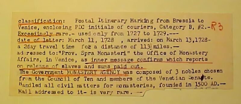 ITALY   BREP.VEN 1728 SLAVE LETTER TO MONASTERY ONLY USED 2 YEARS