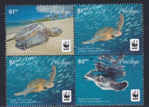 Penrhyn # 544, WWF -Pacific Green Turtle, Block of Four, NH, 1/2 Cat.