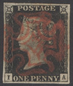 SG 2 1d black plate 4 lettered IA. Superb used with an upright full red...