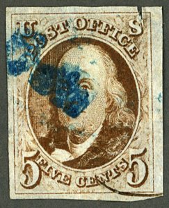 U.S. #1 USED BLUE CANCEL V TINY TEAR