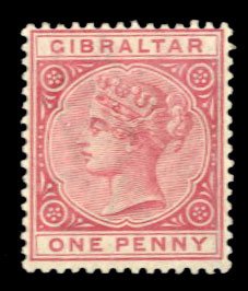 Gibraltar #10 Cat$52.50, 1887 1p rose, very lightly hinged