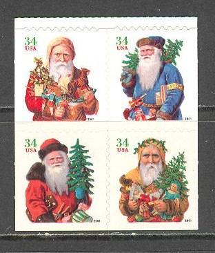 US Sc# 3544b MH FVF Booklet Pane4 Christmas Tree & Santa