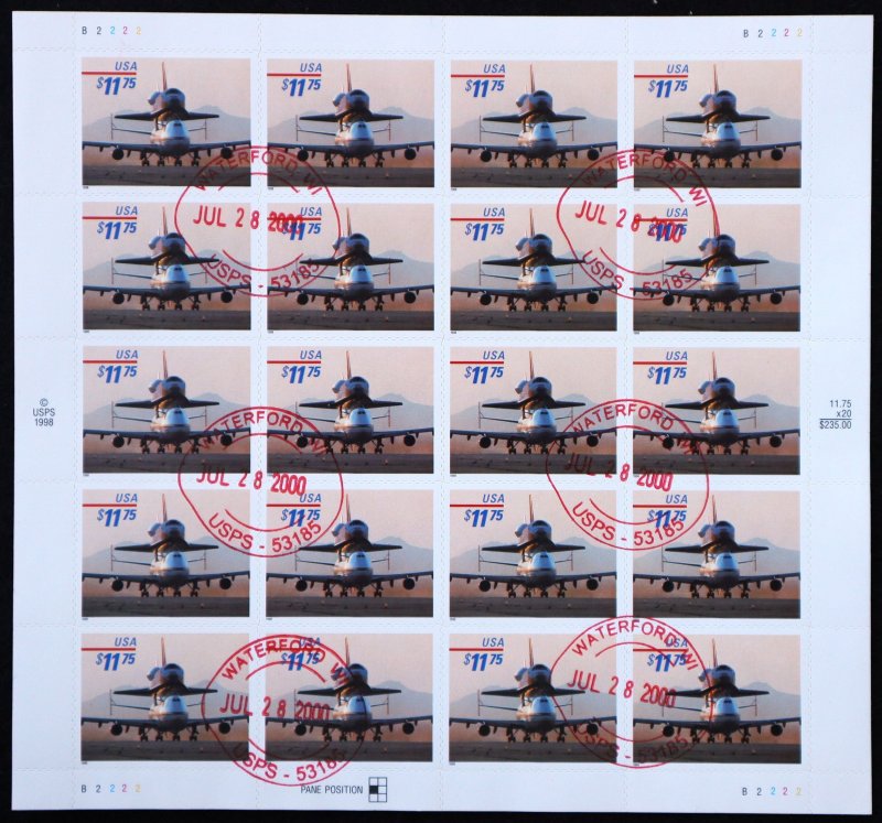 U.S. Used Stamp Scott #3262 $11.75 Piggyback Shuttle Sheet of 20. CDS Cancel.