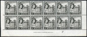 Malta SG268 1d Black Plate 2 U/M Block of 12 (a few split perfs)