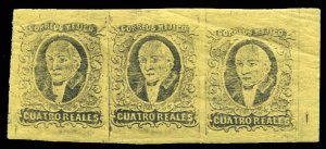 Mexico #9b, 1861 4r black on yellow, without overprint, horizontal strip of t...