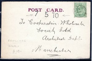 GB WALES Card PERFORATED Arrival Datestamp Bedlinog CDS Manchester 1910 PE130 