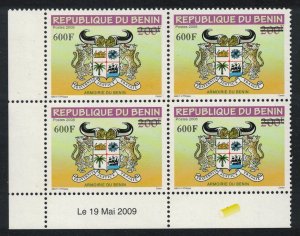 Benin Arms of Benin Ovpt 600F Corner Block of 4 2009 MNH MI#1638