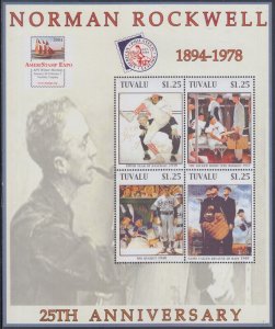 TUVALU Sc# 933a- CPL MNH SHEET of 4 DIFF  NORMAN ROCKWELL PAINTINGS of BASEBALL