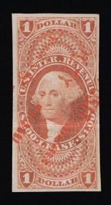 EXCEPTIONAL GENUINE SCOTT #R70a 1862-71 $1 REVENUE  LEASE WITH A RED USIT CANCEL