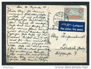 Switzerland 1938 Airmail Stamp on Flight Postal card  Bern-Germany