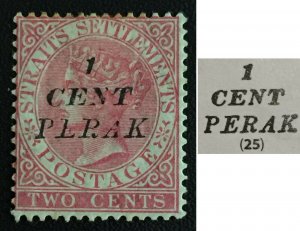 MALAYA 1886 PERAK opt Straits Settlements QV 1c on 2c MLH T25 SG#28 M3184