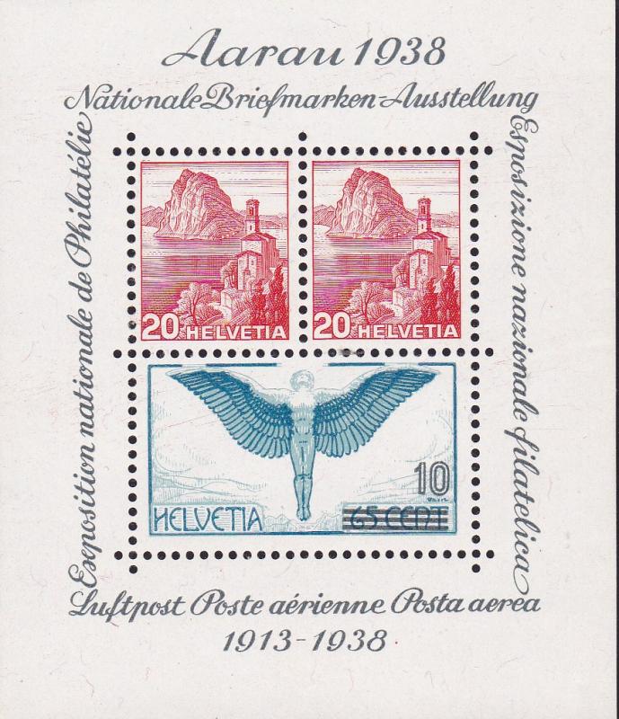 Switzerland 1938 Aarau Souvenir Sheet Expo & 25th Anniversary of Airmail. VF/NH