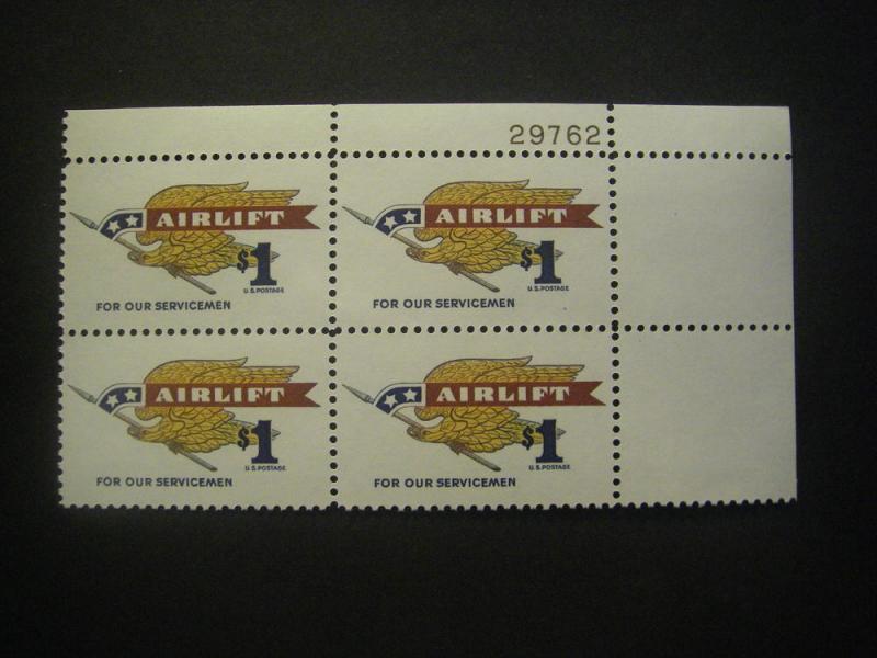 Scott 1341, $1 Airlift, PB4 #29762 UR, Eagle holding pennant