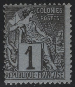 French Colonies 1881 1c Black on Blue Commerce Sc# 46 NH