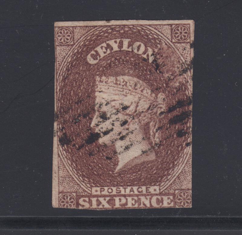 Ceylon Sc 6A used. 1857 6p plum Queen Victoria, imperf