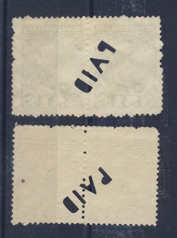 4x Newfoundland Revenue Stamps;  2x Pairs #NFR20 NFR25-N.I. Used Guide = $48.00