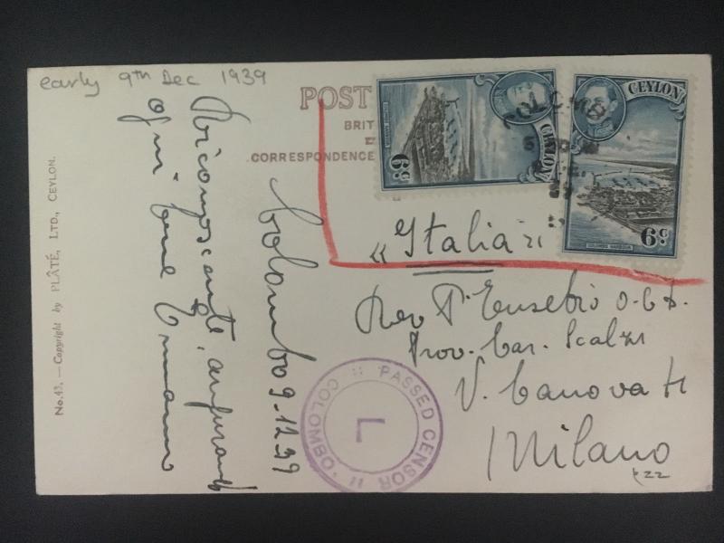 1939 Ceylon RPPC postcard Cover to Milan Italy Censored Wild Elephants Captured