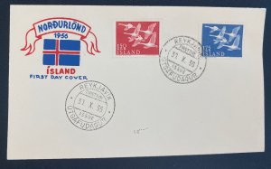 1956 Reykjavik Iceland First Day Issue  Airmail Cover FDC Nordurlond