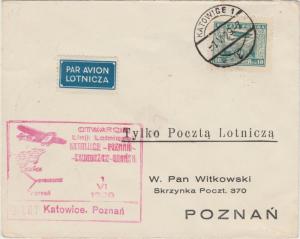 POLOGNE / POLAND 1929 (June 1) SCARCE 1st Air Mail Flight Cover KATOWICE-POZNAN